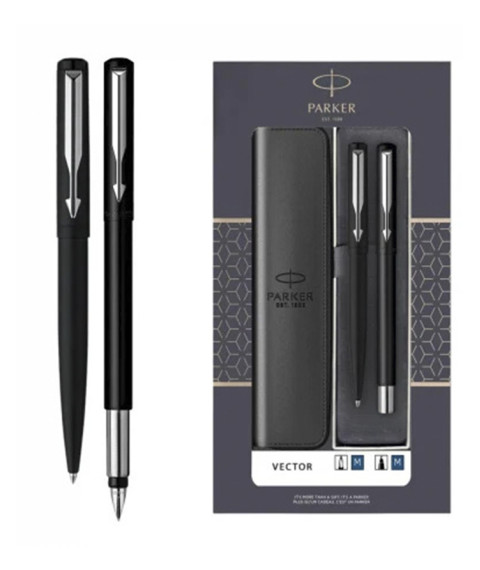 Set Parker Vector Metal Negru GT – stilou + pix, casetă cu fereastră și etui
